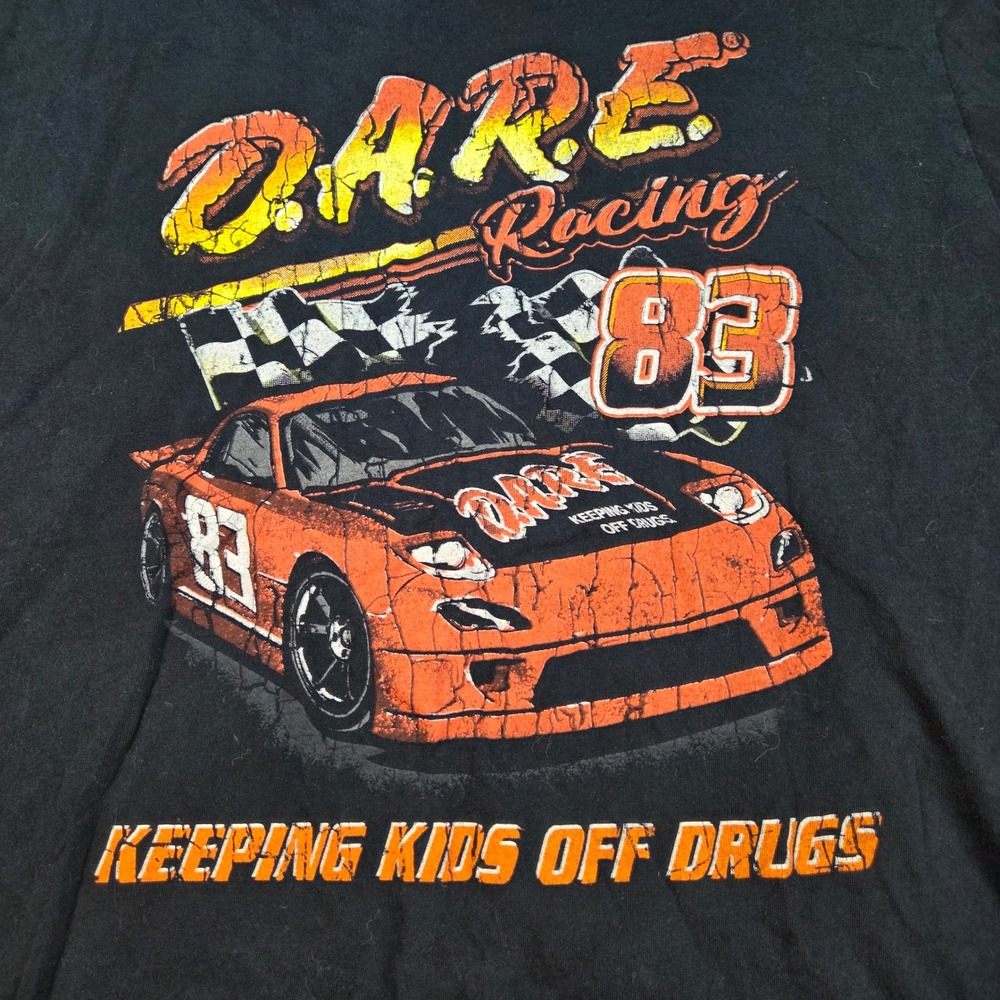 DARE Racing Tee Men XL Graphic Keeping Kids Off Drugs Race Car Black 100% Cotton